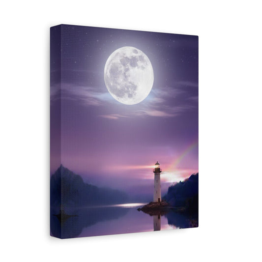 Canvas wall art of a lighthouse by a mirror-smooth lake under a full moon in violet and indigo tones conveying quiet solitude and serenity