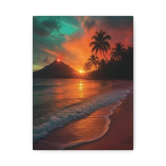 Canvas wall art of red lava flowing with sunrise reflecting on ocean shore and palm trees at dawn