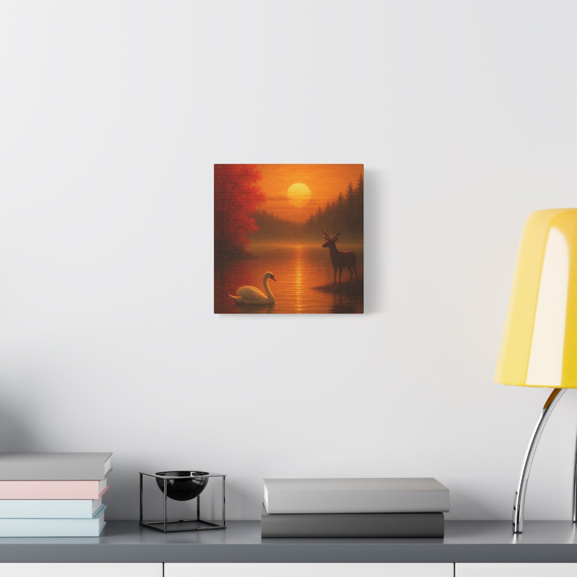 Dusk on the Autumn Lake Sunset canvas wall art with swan, deer, and fiery orange-red sunset over lake.