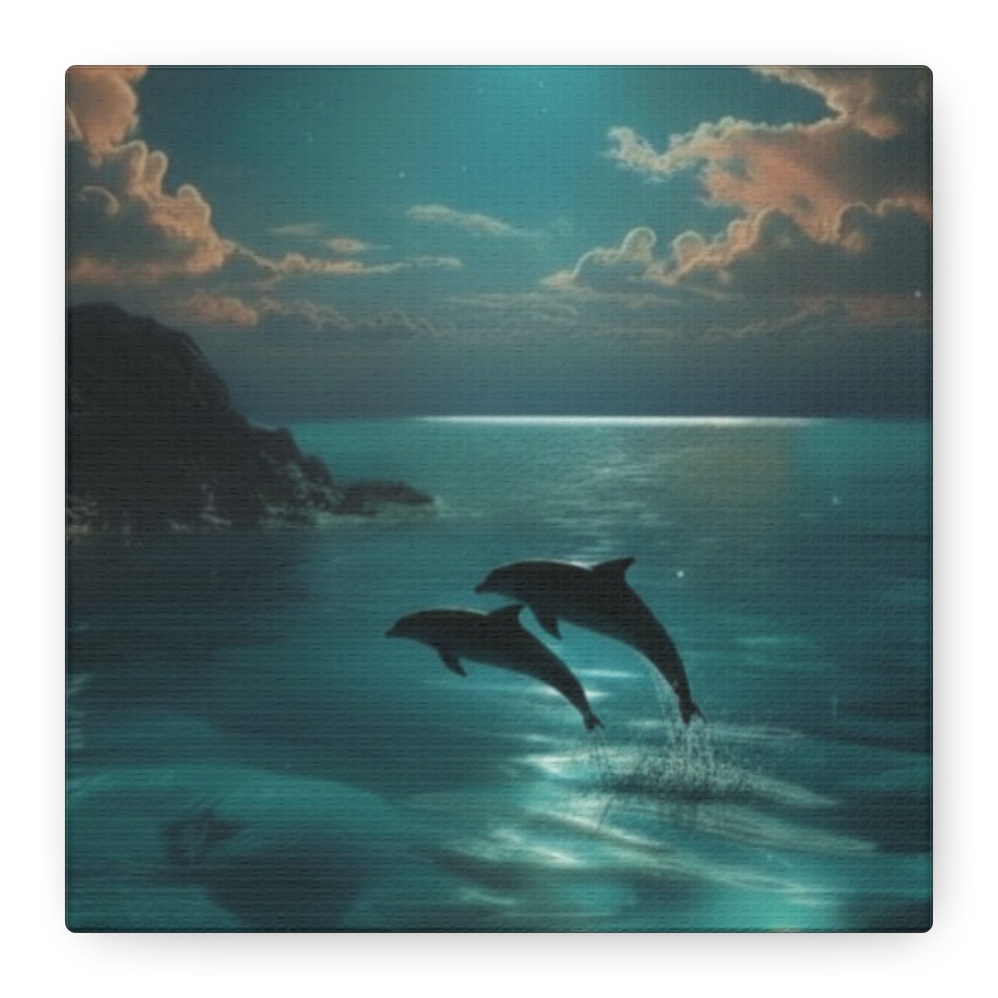 Dolphins in Turquoise Moonlit Ocean Canvas Wall Art