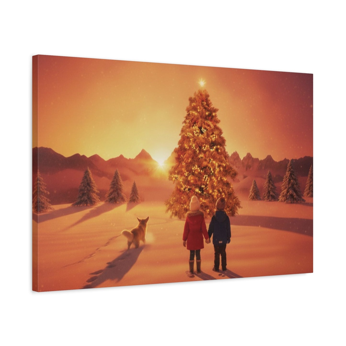Canvas wall art of children and a dog discovering a glowing Christmas tree at sunrise in a snowy landscape