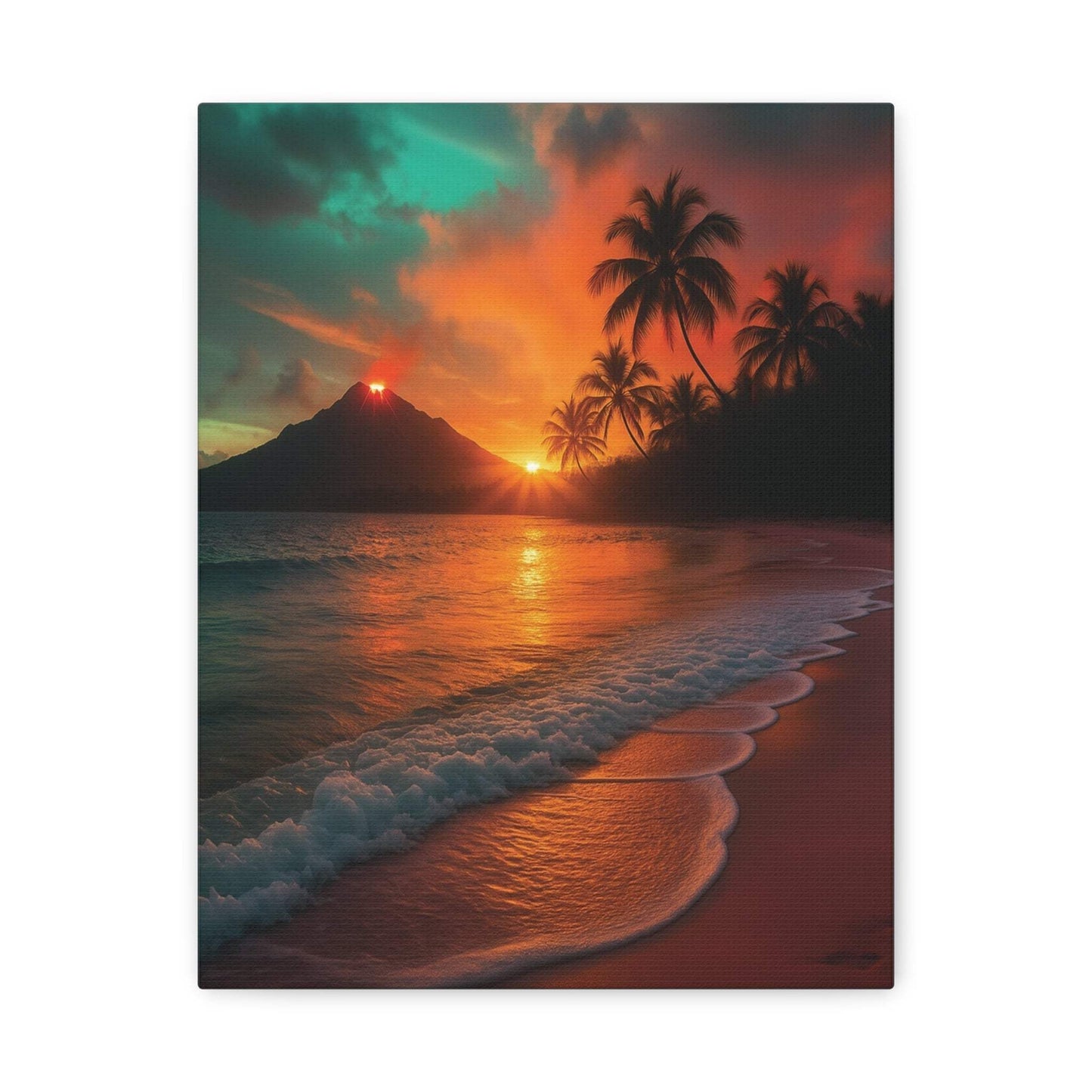 Canvas wall art of red lava flowing and sunrise reflecting over ocean with palm trees and beach at dawn