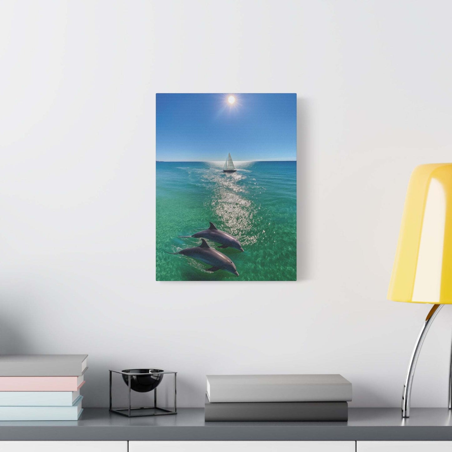 Wall art canvas print of ocean scene with sailboat and dolphins under the sun