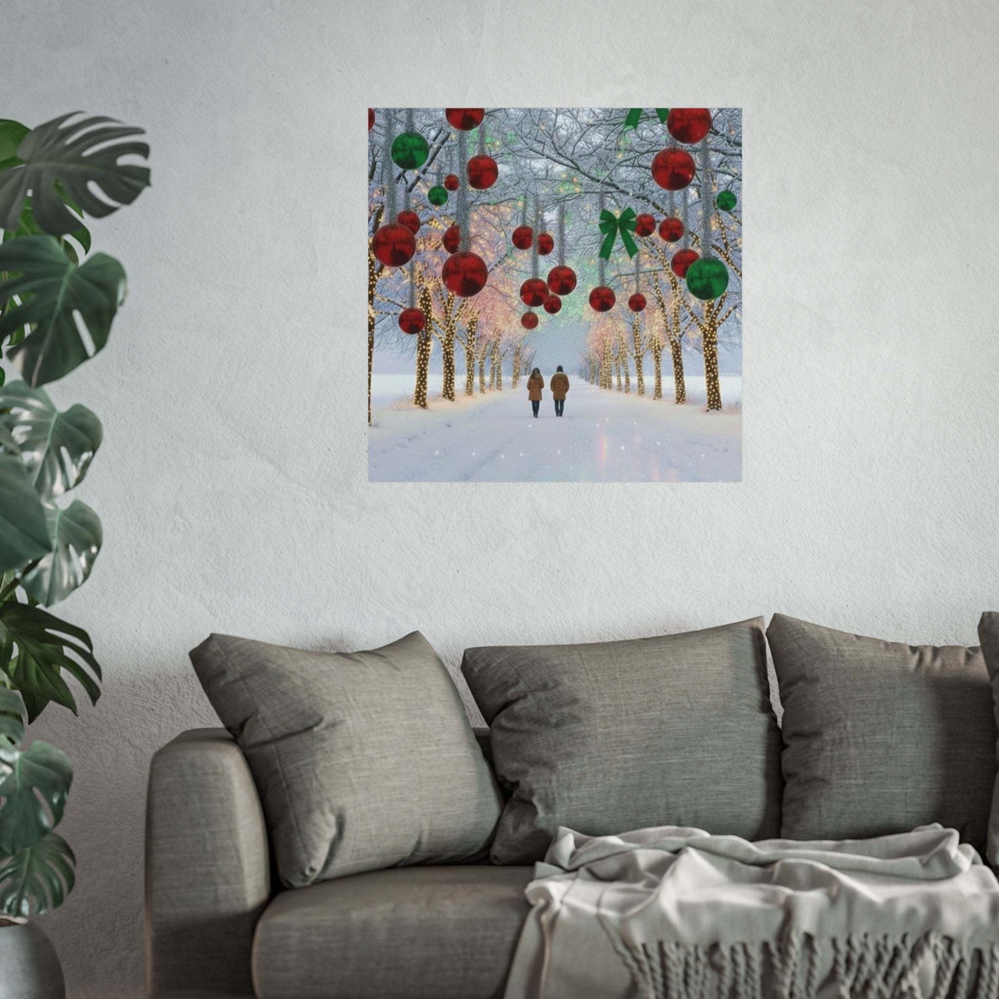 Winter Christmas Lights poster with couple admiring festive holiday decorations in snowy park scene