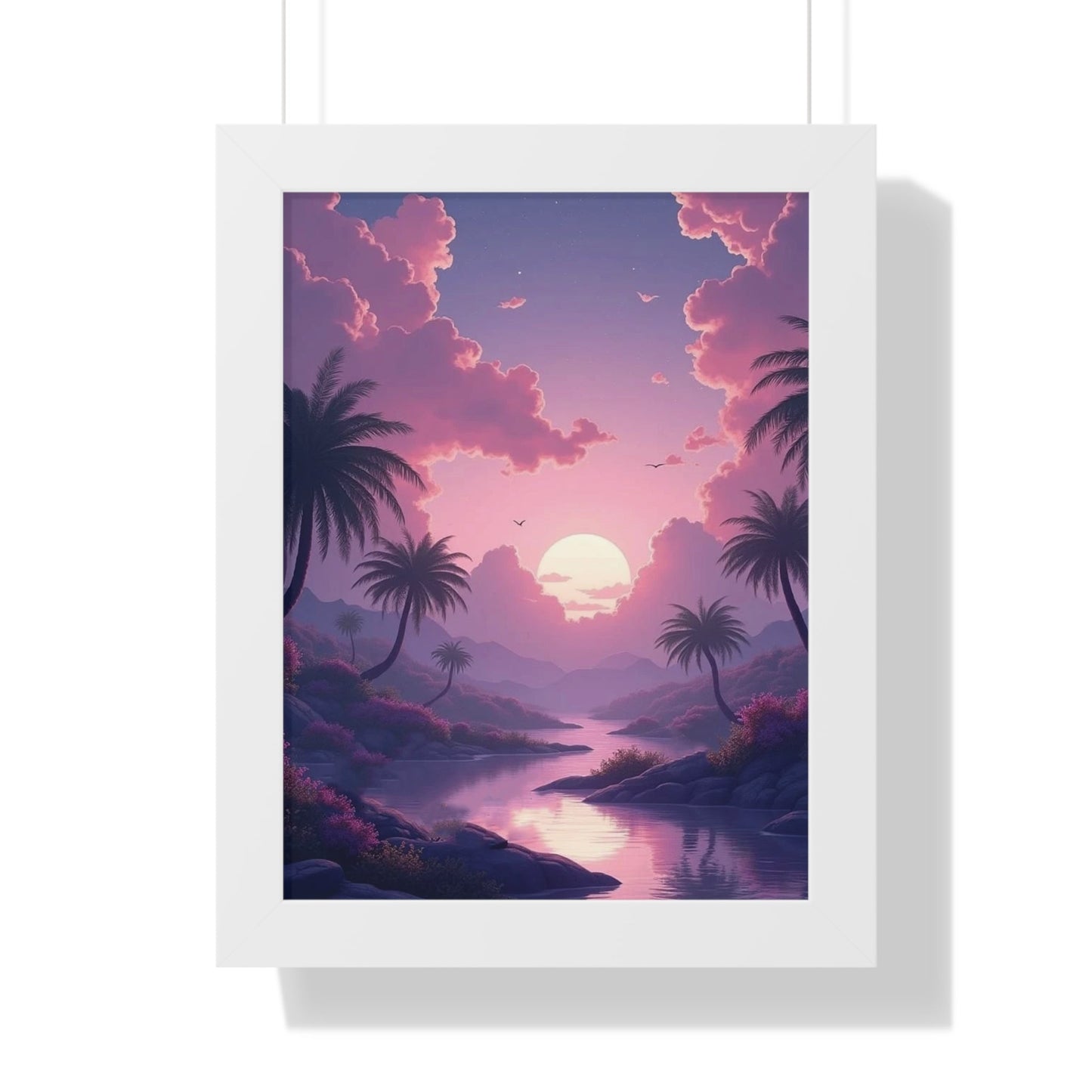 Tropical Sunset Framed Poster with palm trees and serene beach landscape, relaxing home décor art for living room and nature lovers.
