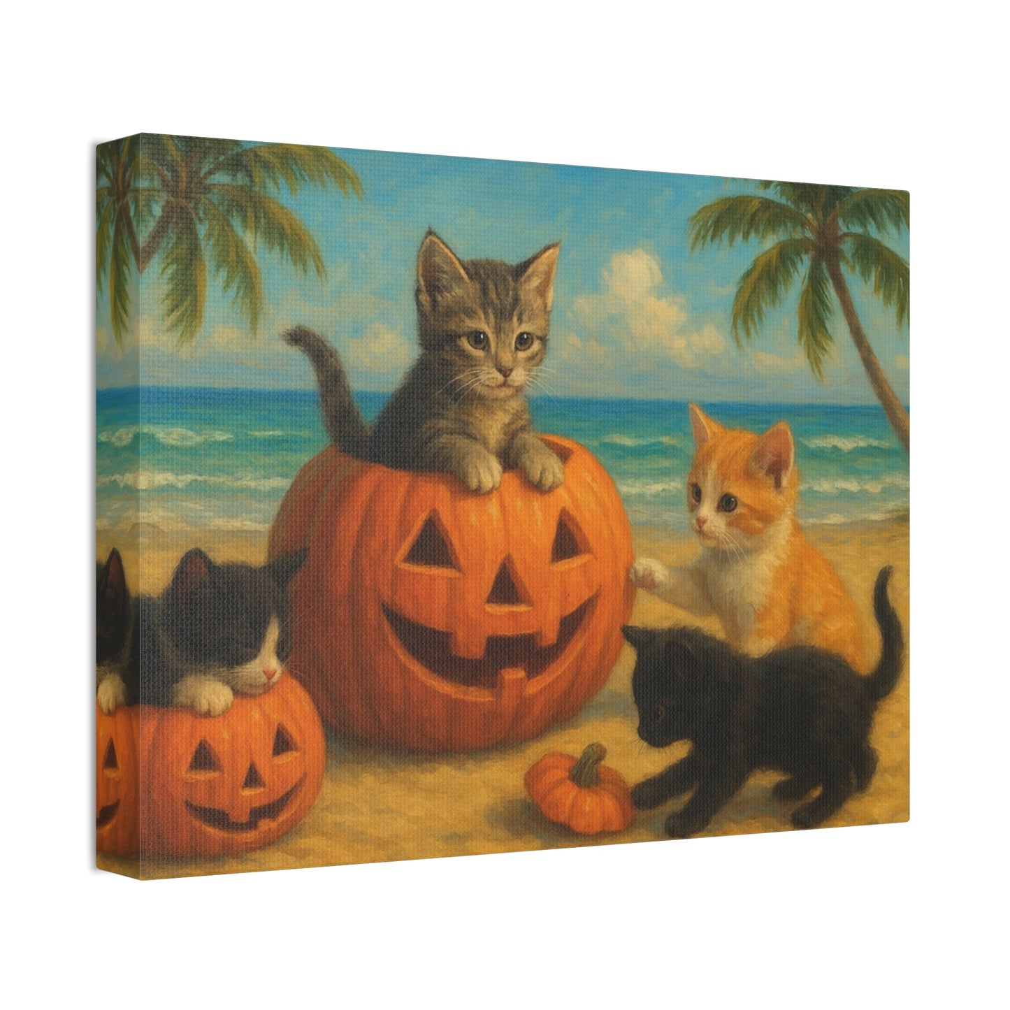 Canvas-Pumpkin Kittens wall art featuring playful kittens with jack-o'-lanterns at the beach in autumn decor style