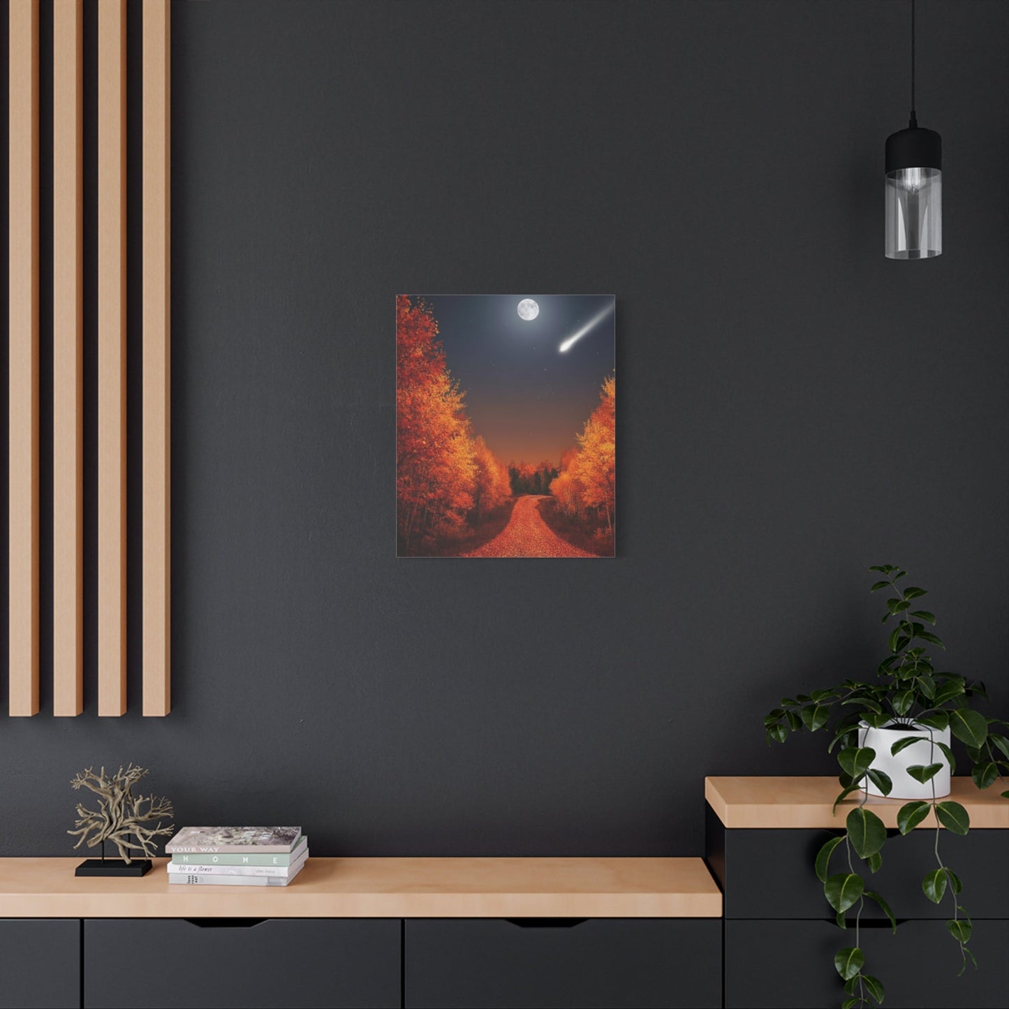 Canvas wall art depicting a serene autumn forest road under a quiet moon with warm fall colors and a shooting star.