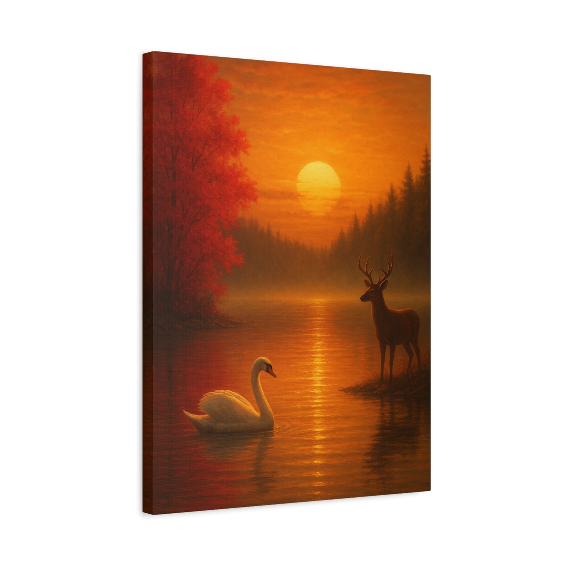 Dusk on the Autumn Lake Sunset canvas wall art with swan, deer, and crimson maple leaves at sunset