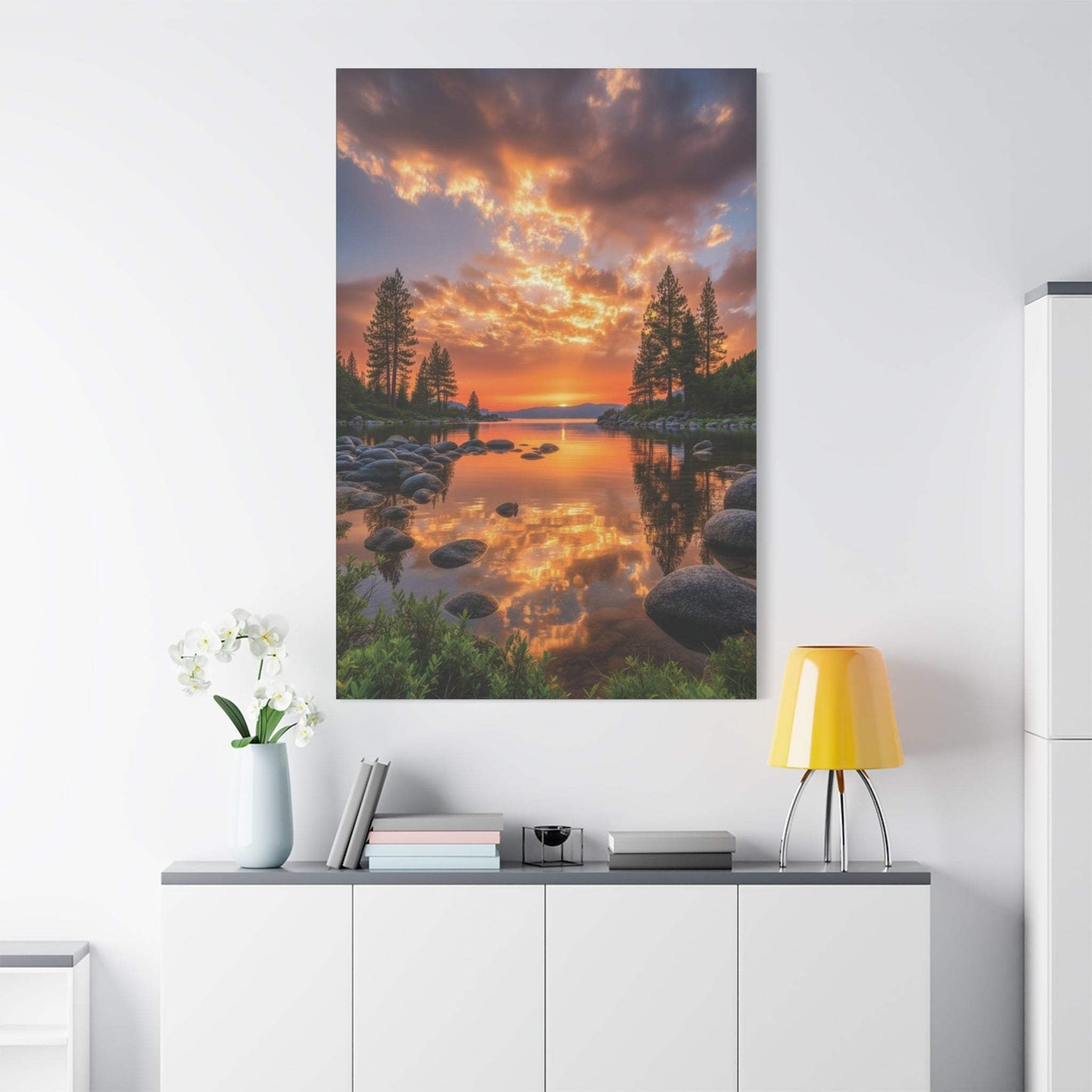 Canvas wall art of sunrise over evergreen forest path with golden light and reflective water