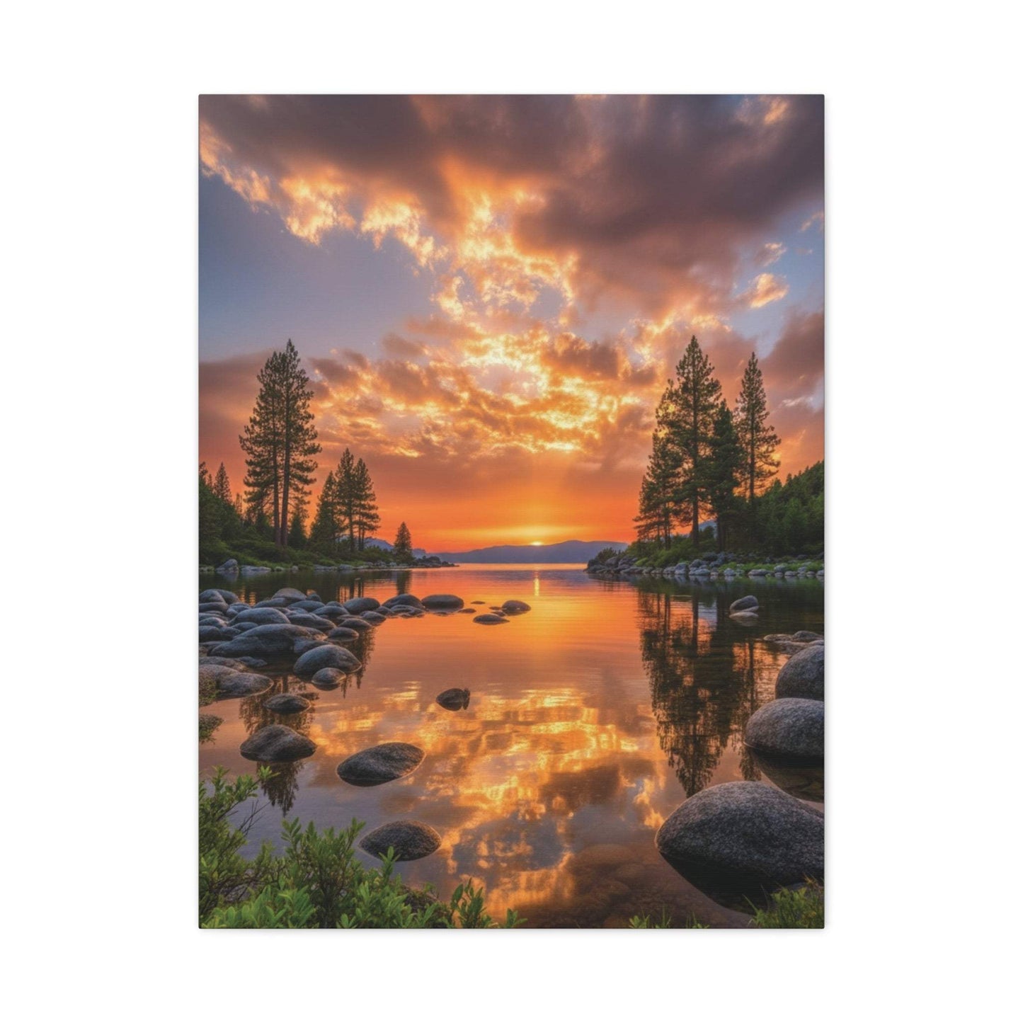 Canvas wall art of vibrant sunrise over evergreen pine trees and reflective waterpath