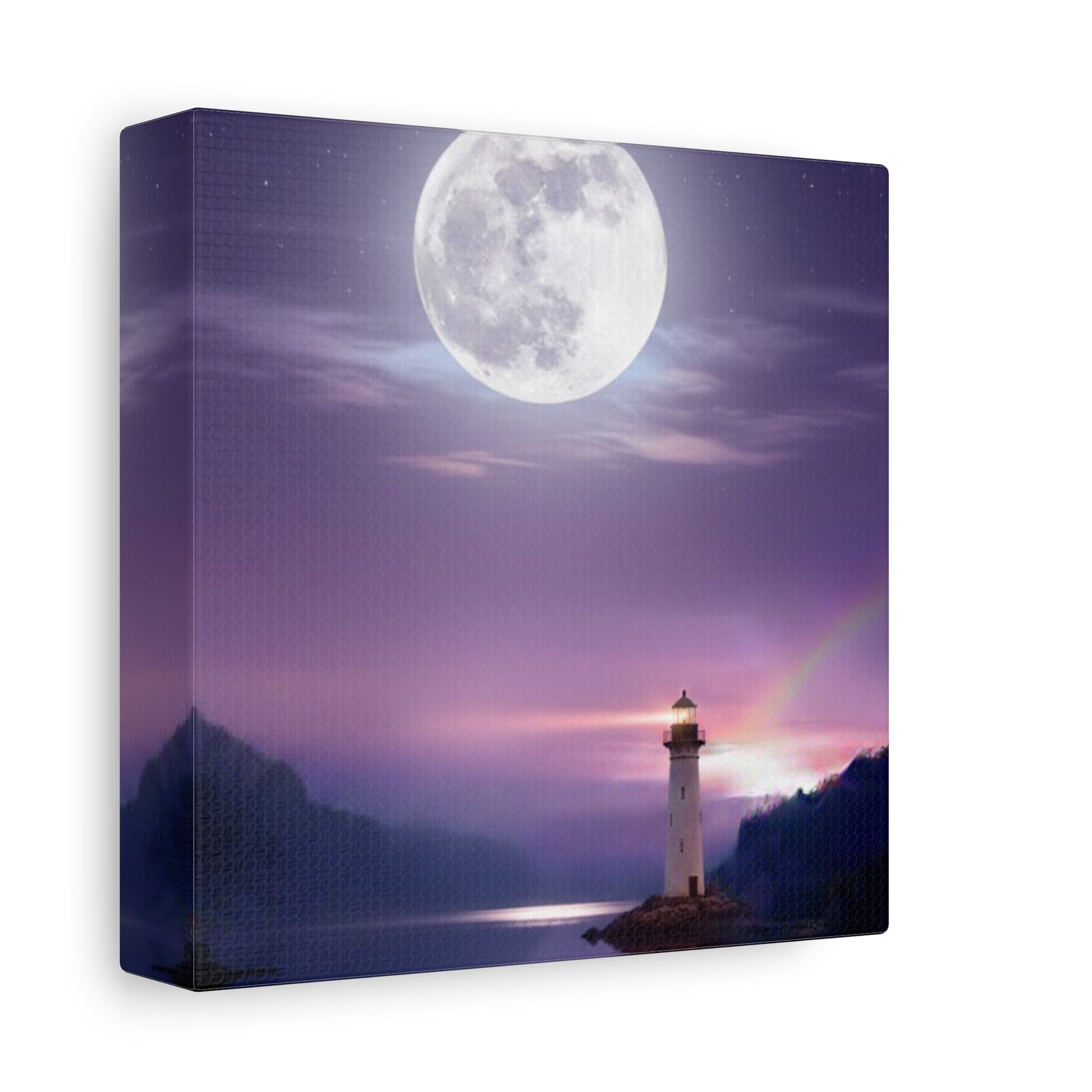 Canvas wall art depicting a full moon over a lighthouse reflected on a calm lake in serene violet tones
