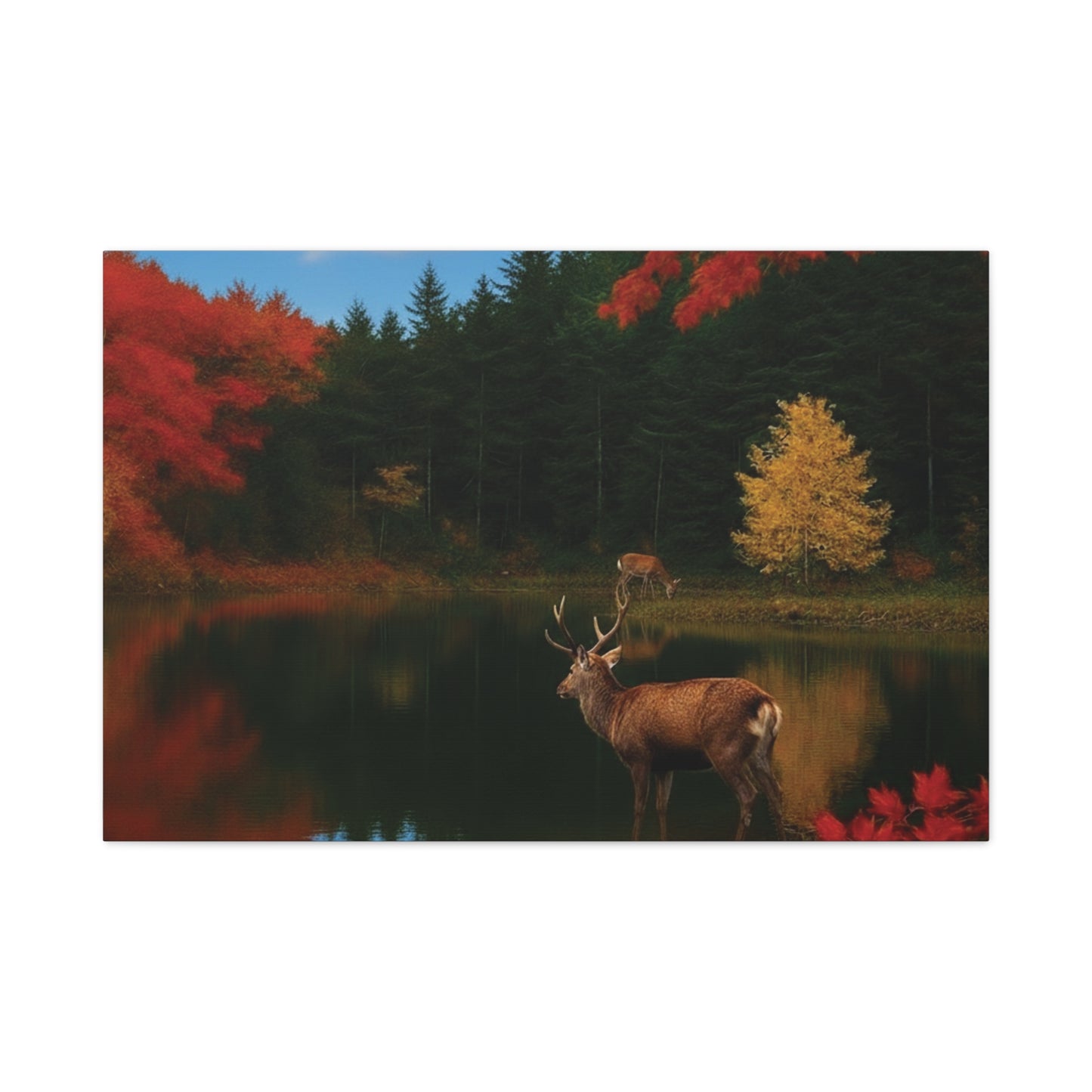 Autumn foliage and Deer by the lake Canvas wall art print