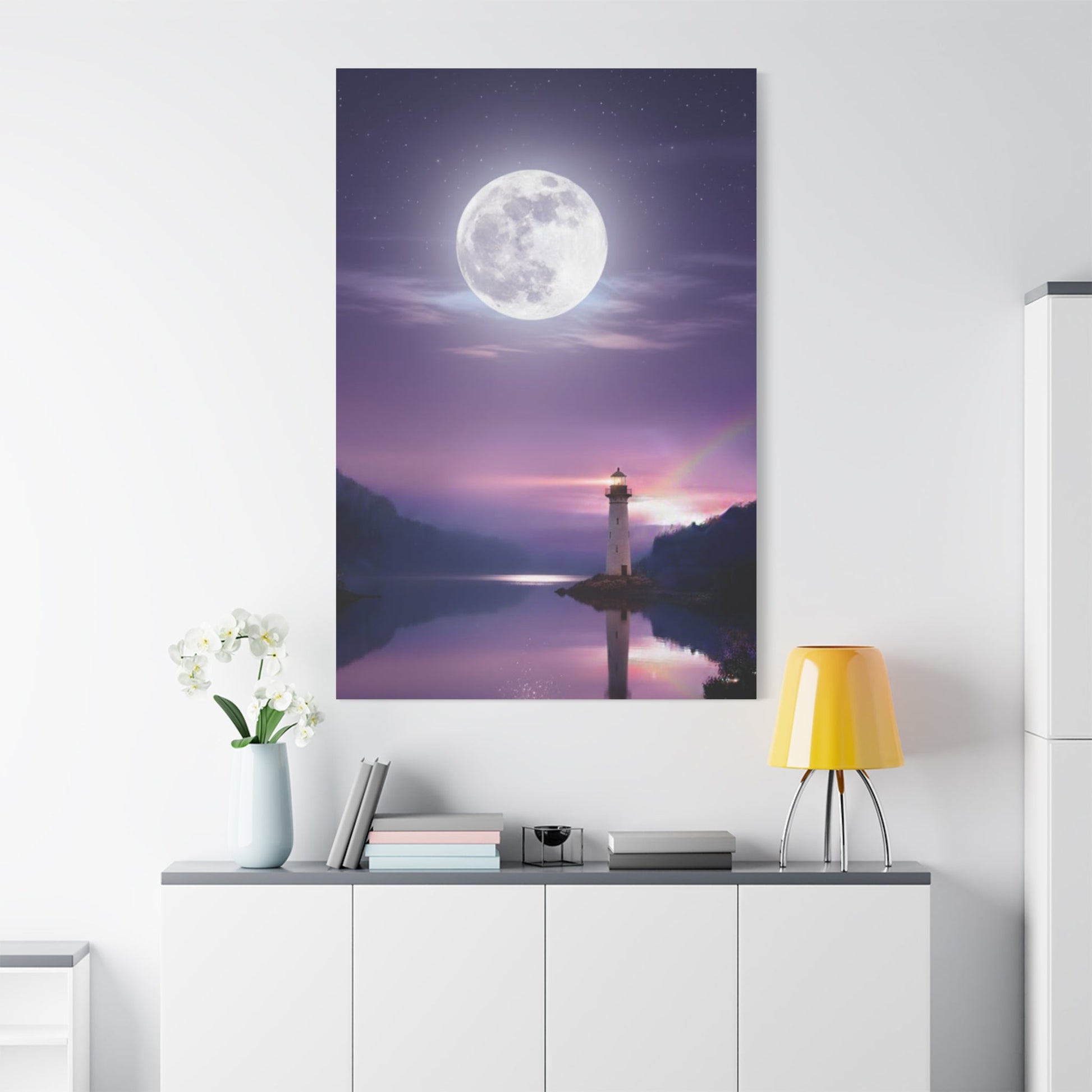 Canvas wall art depicting a tranquil lighthouse by a mirror-smooth lake under a glowing full moon in violet and indigo tones