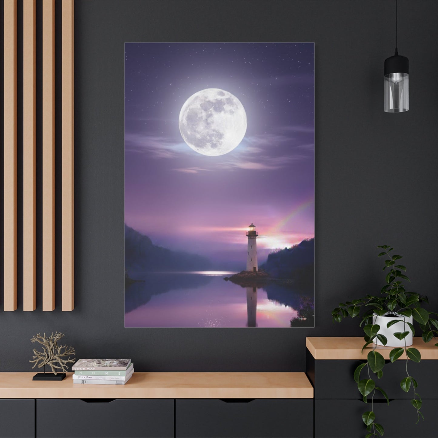 Canvas wall art of a lighthouse and full moon reflected on a calm lake in violet and indigo tones
