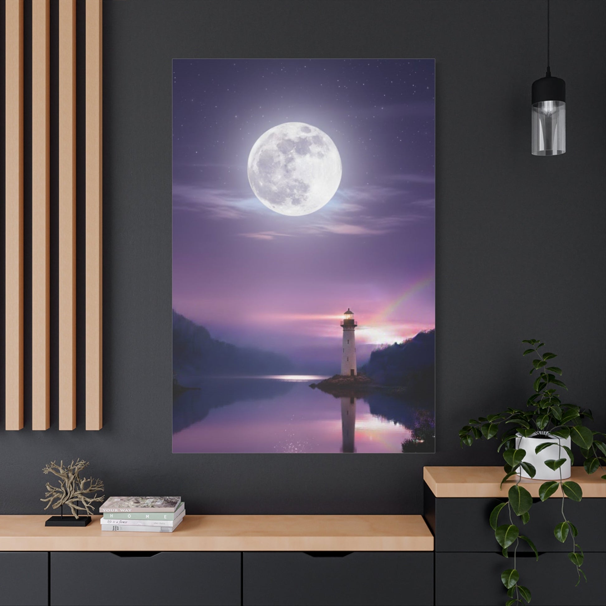 Canvas wall art of a lighthouse and full moon reflected on a calm lake in violet and indigo tones