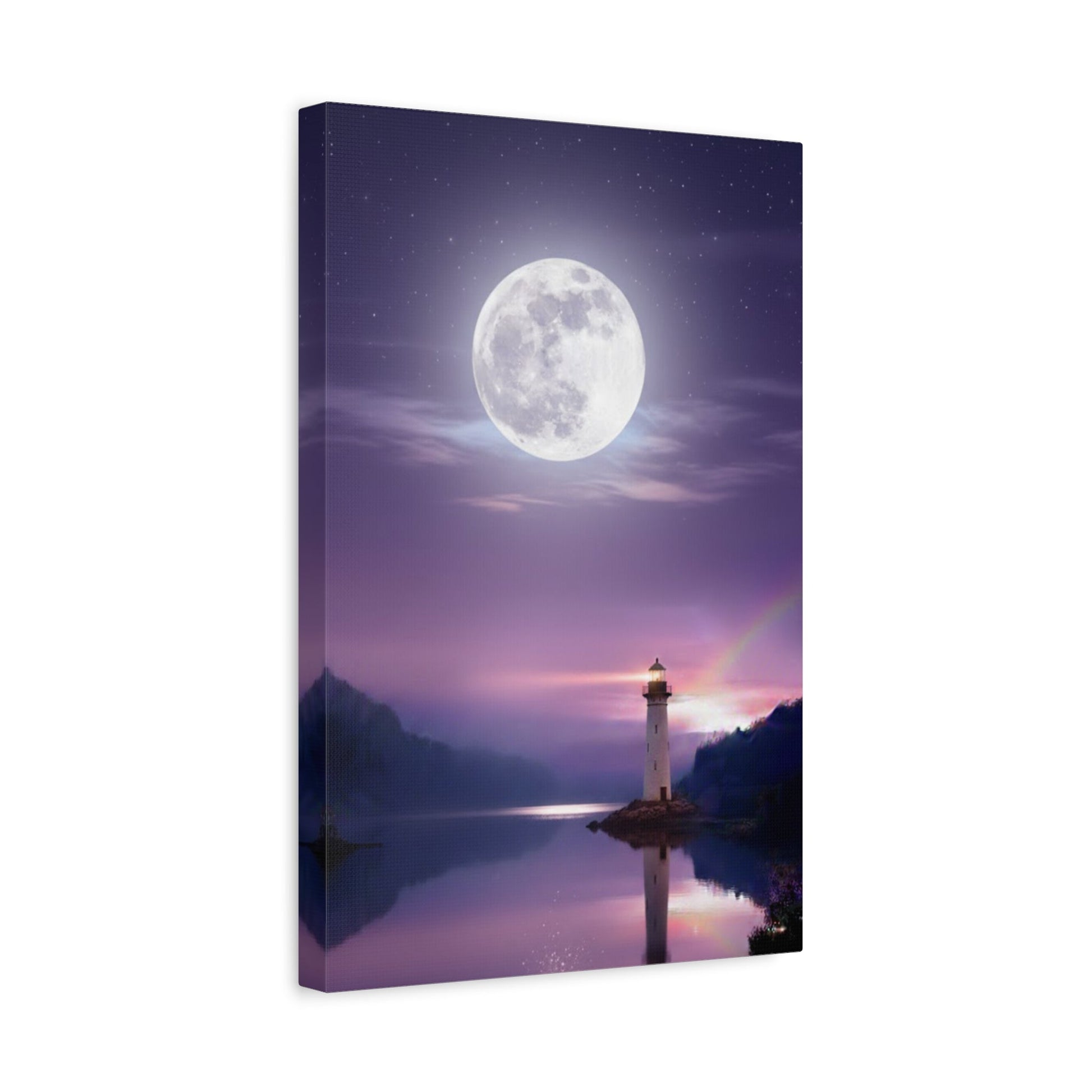 Canvas wall art featuring a tranquil lighthouse and full moon reflected on a mirror-smooth lake in violet and indigo tones