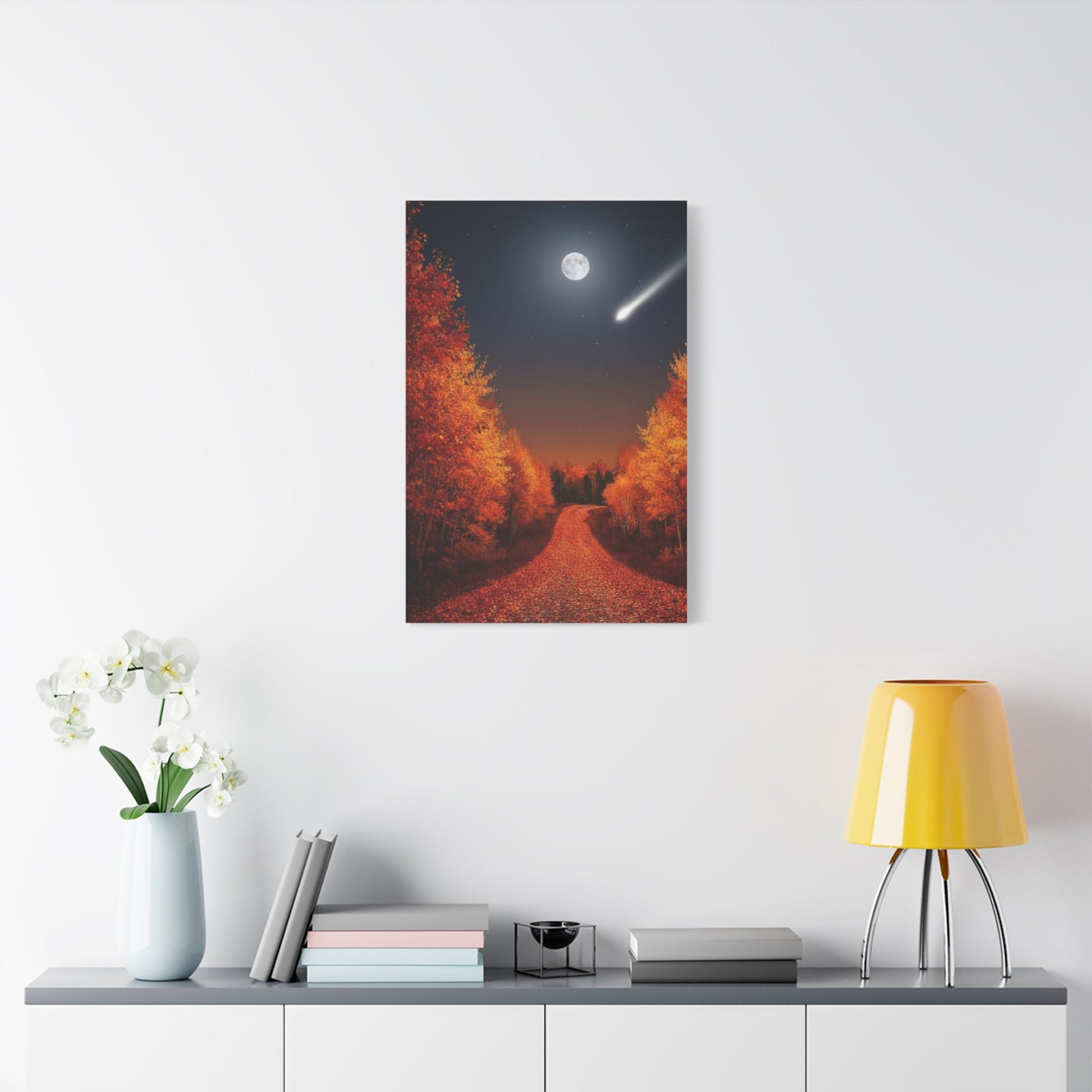 Canvas wall art of autumn forest road under moonlight with shooting star and fall foliage