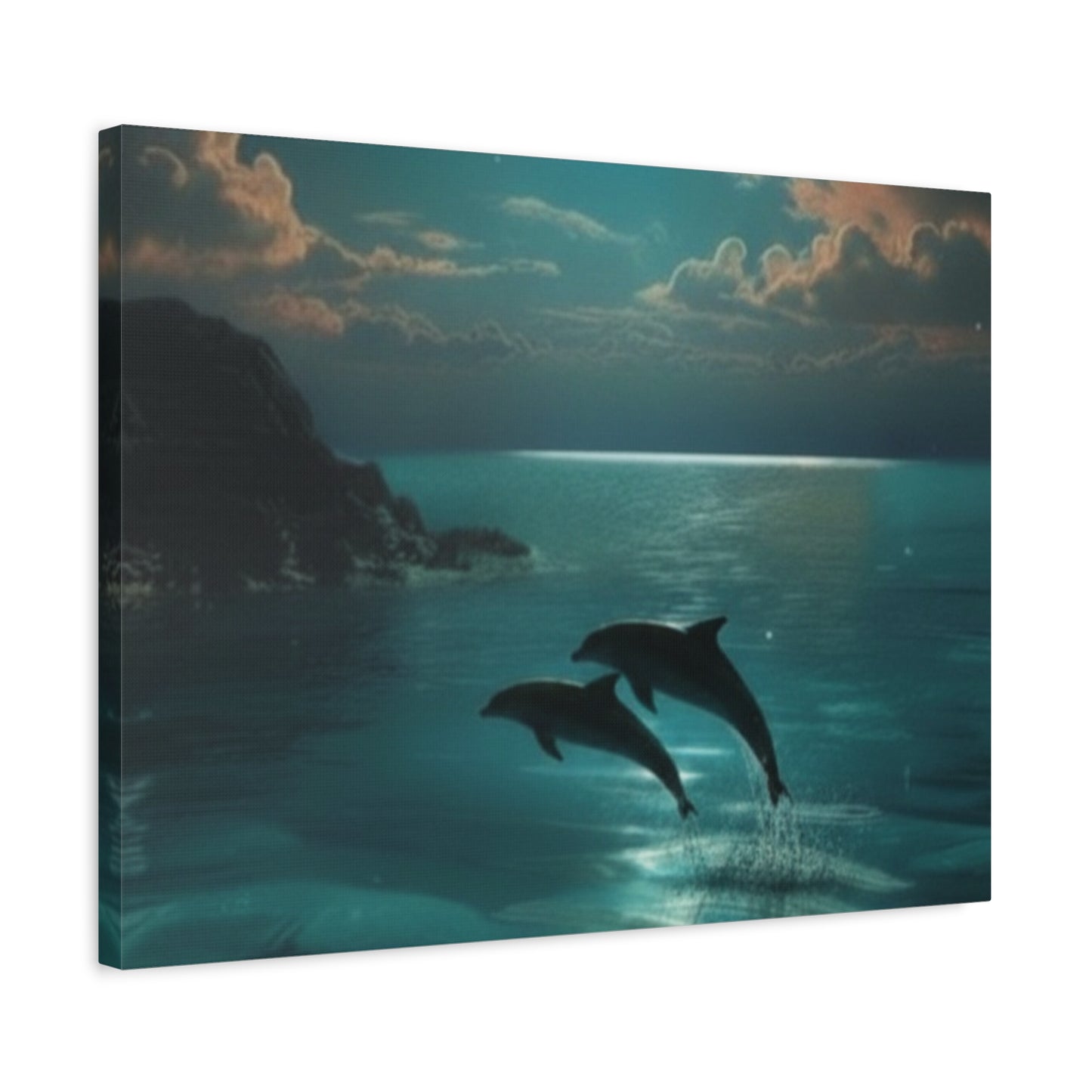 Dolphins in Turquoise Moonlit Ocean Canvas Wall Art
