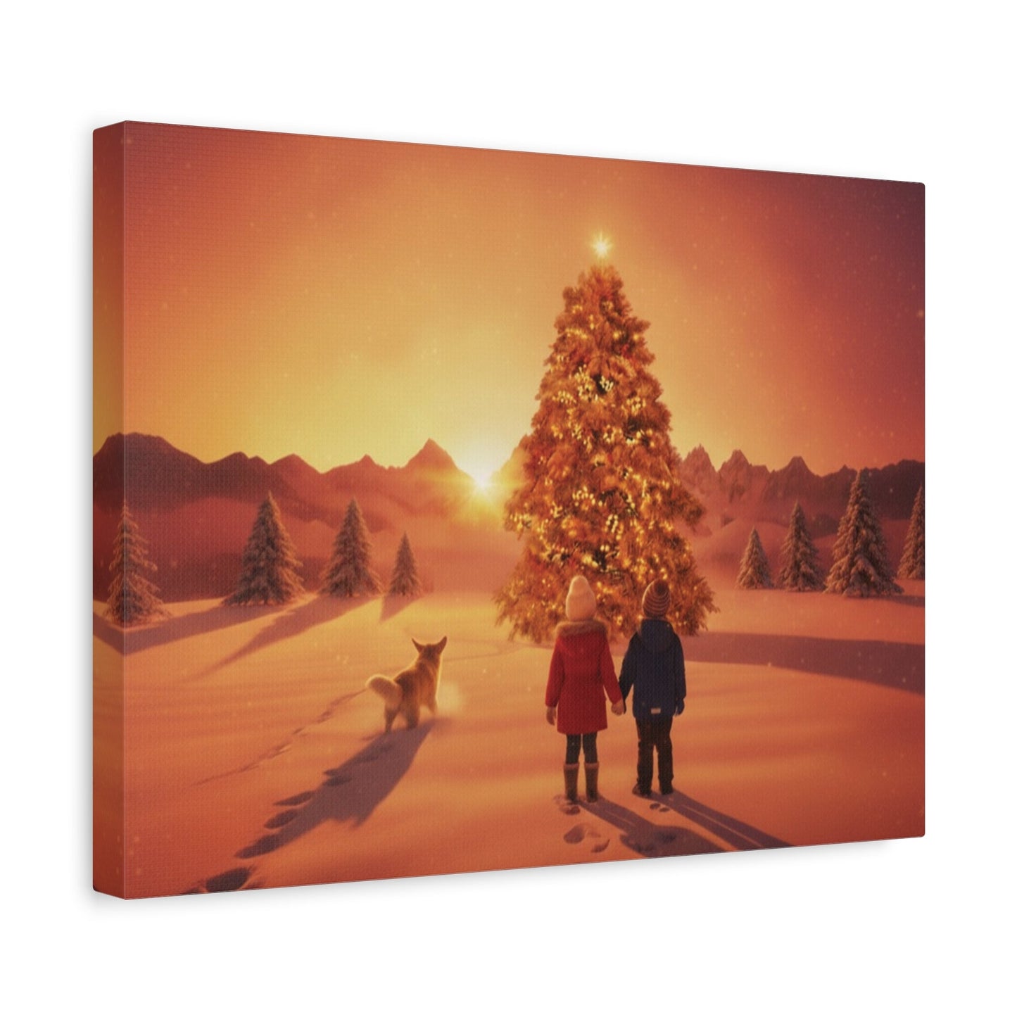Christmas dawn canvas wall art with children and dog by a glowing tree in snowy field
