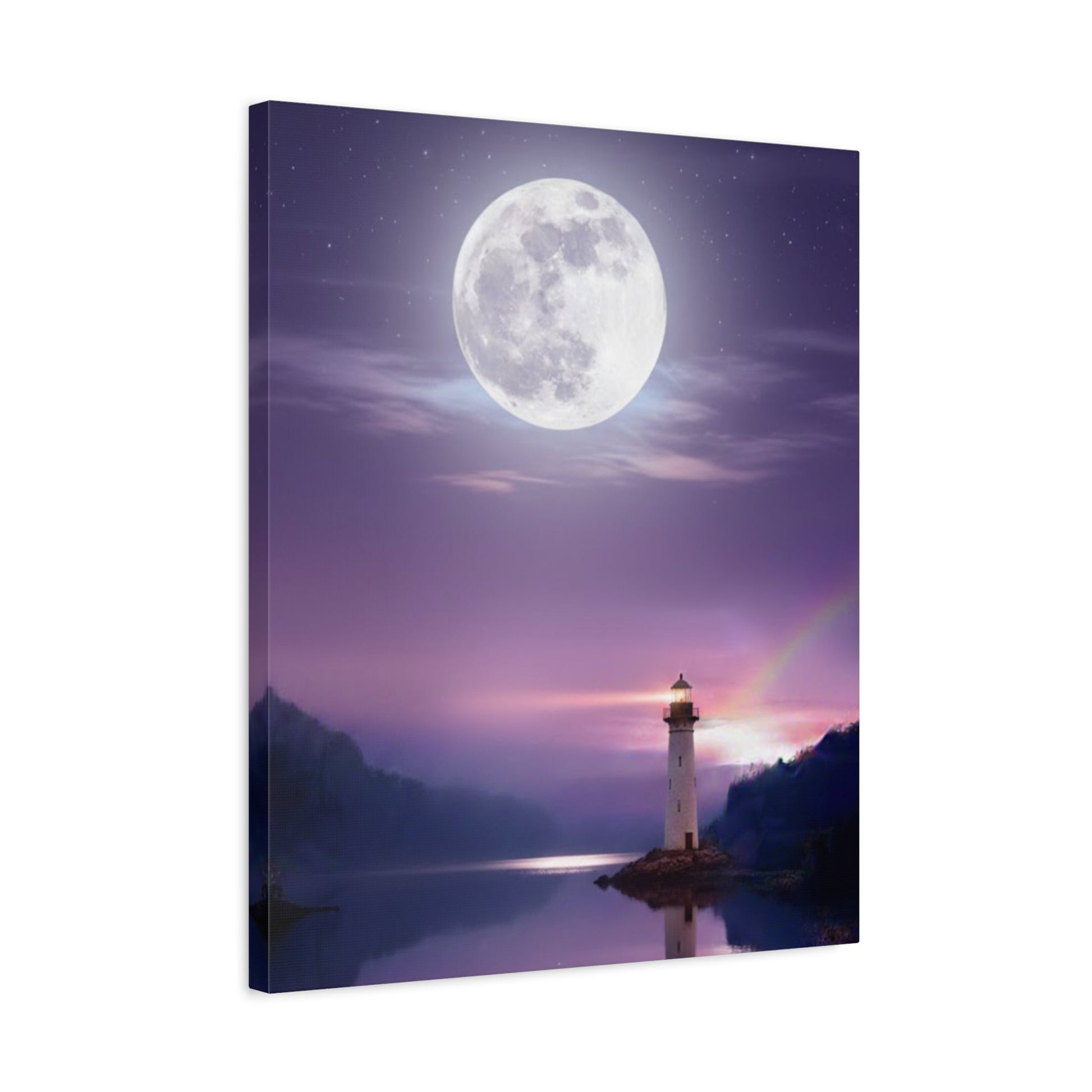 Canvas wall art depicting a serene lighthouse under a full moon with violet and indigo tones reflecting on a calm lake