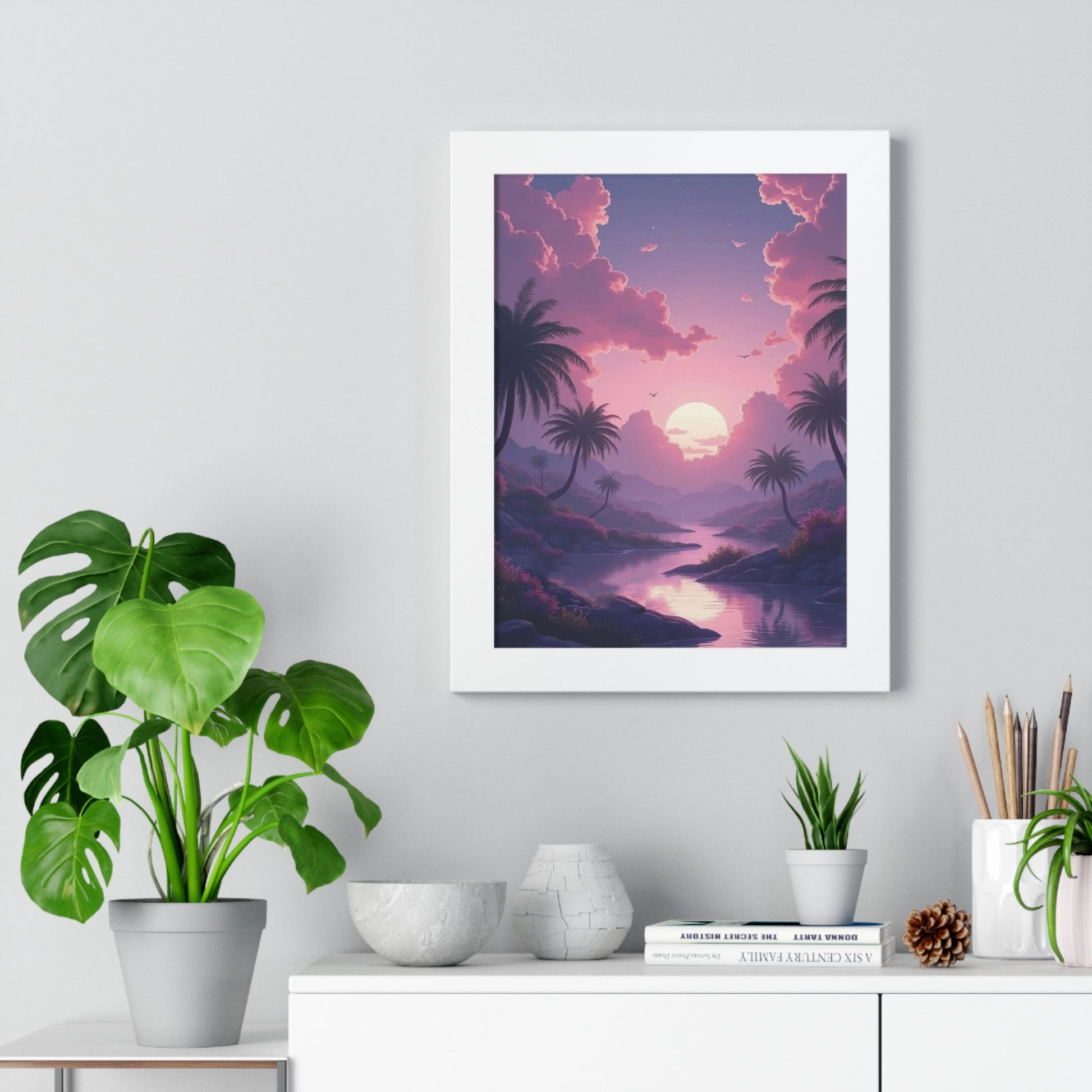 Tropical Sunset Framed Poster with pink sunset and palm trees, relaxing beach wall art for home décor