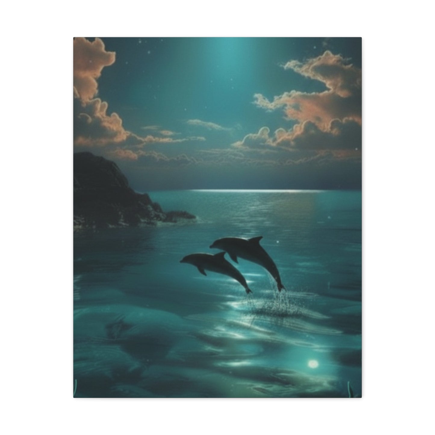 Dolphins in Turquoise Moonlit Ocean Canvas Wall Art