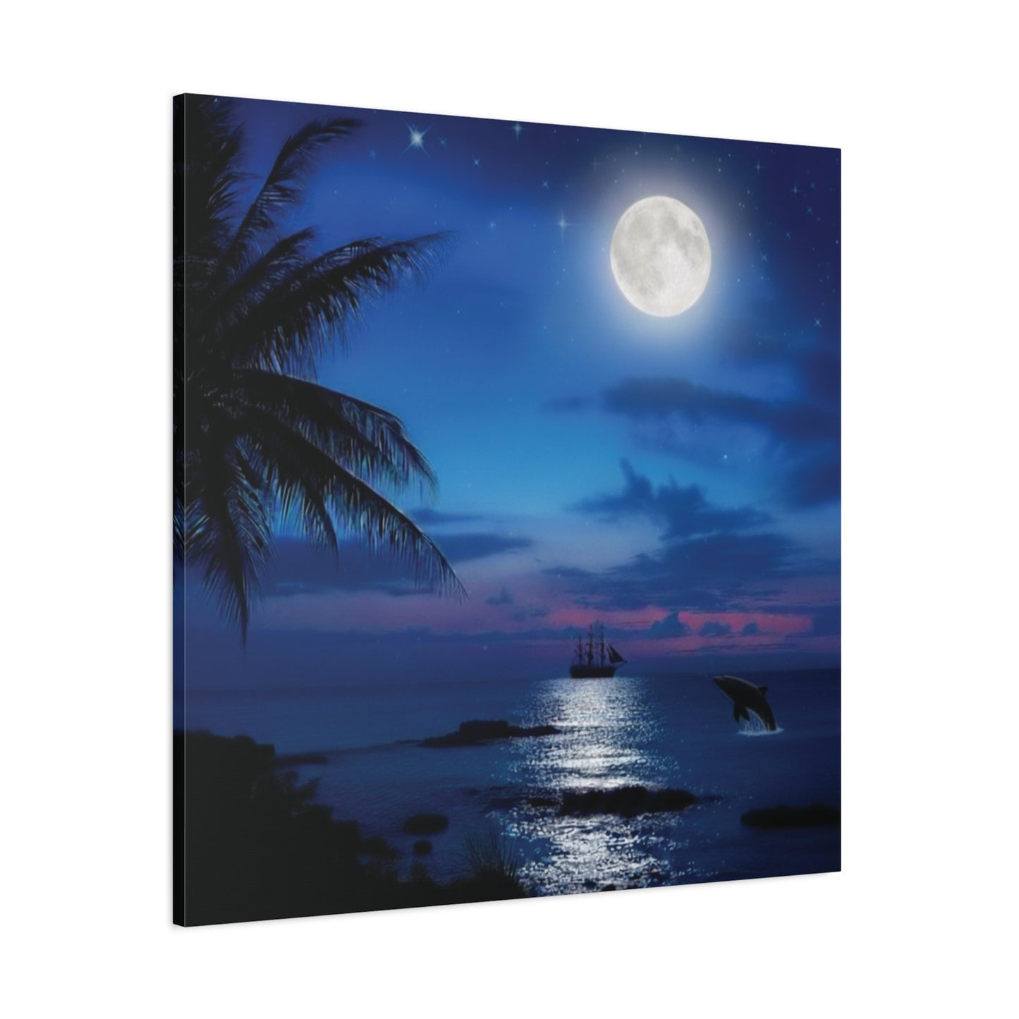 Blue Sky Moon lit Tropical Escape Canvas Wall Art