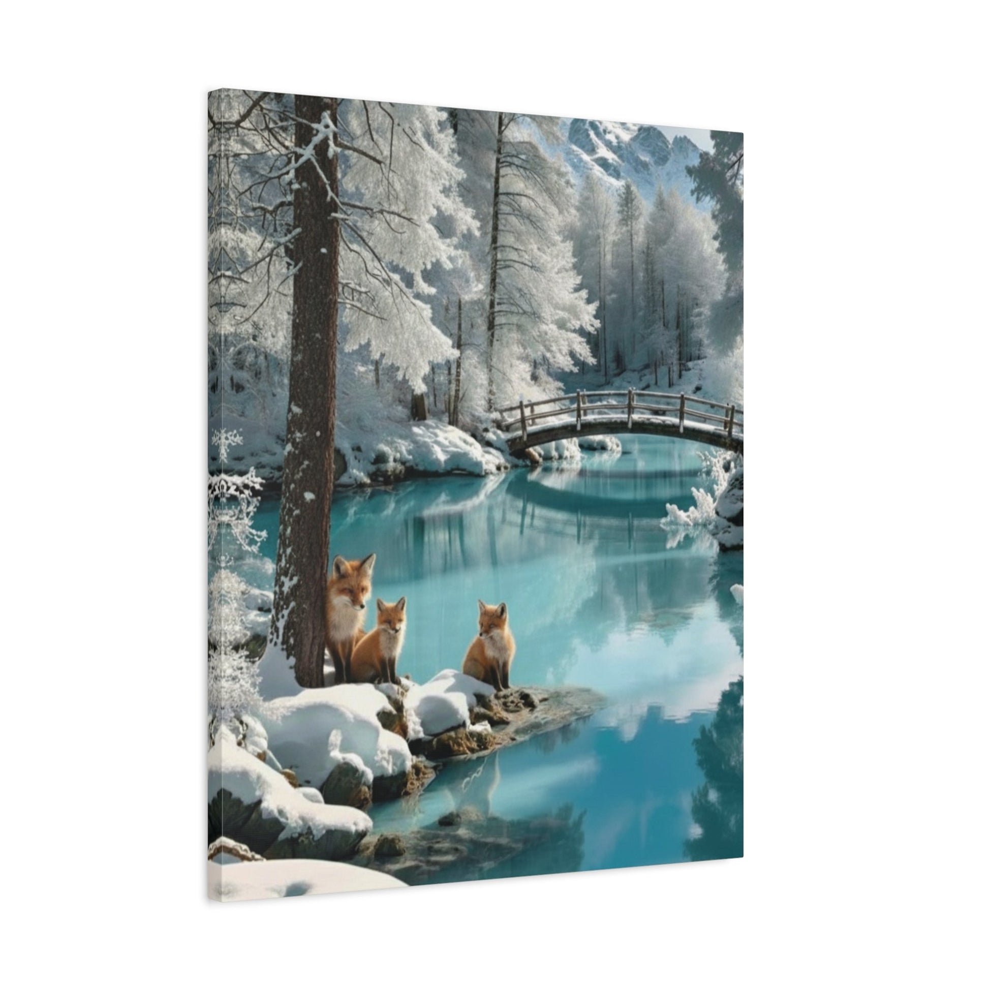 Canvas Wall Art featuring winter landscape with foxes by serene icy river and snow-covered trees