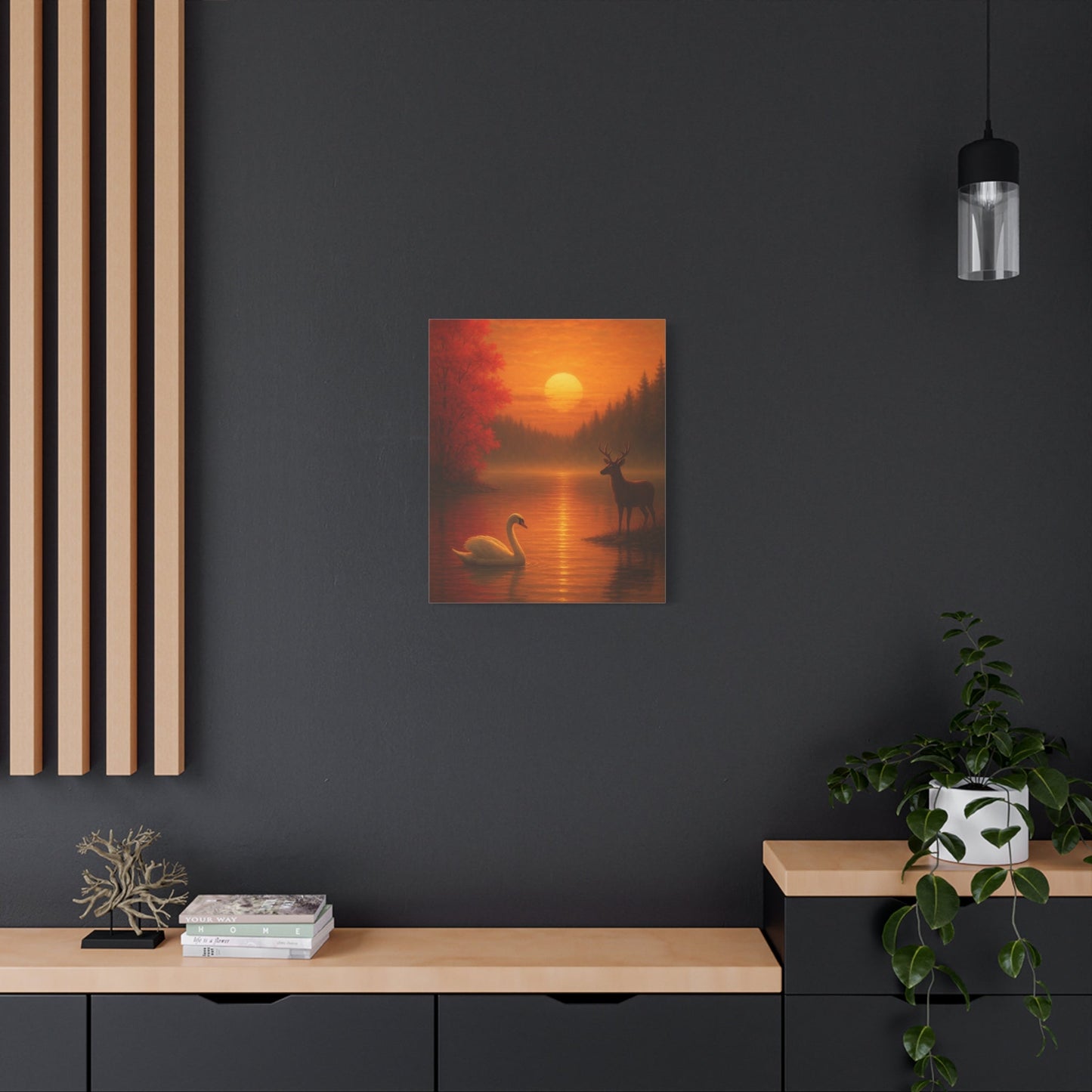Dusk on the Autumn Lake Sunset canvas wall art featuring swan and deer at sunset with autumn foliage