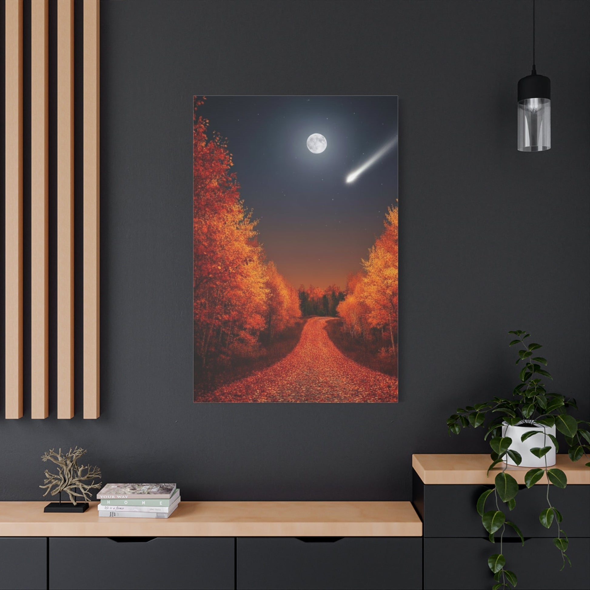 Canvas wall art of a quiet autumn forest road under a full moon with fall foliage and a shooting star
