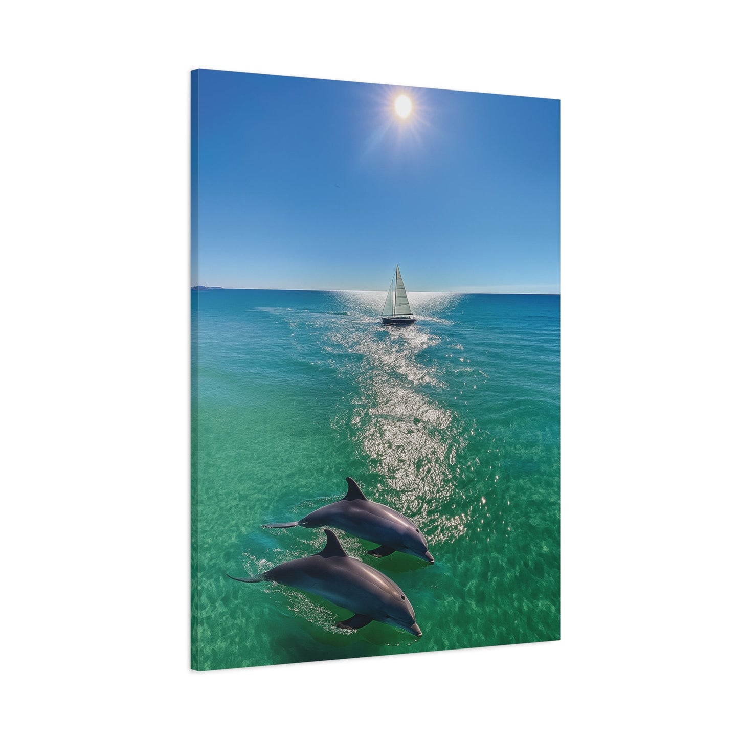 Wall art canvas print of ocean scene with sailboat and dolphins under bright sun