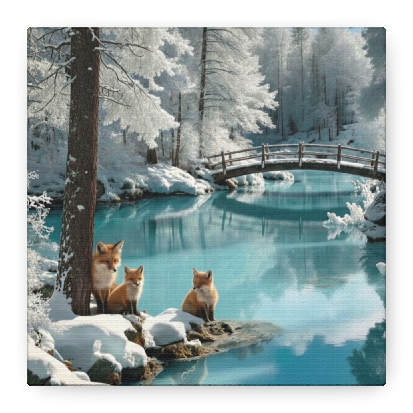 Canvas wall art of winter landscape with serene blue waters and three foxes by a snowy forest and wooden bridge