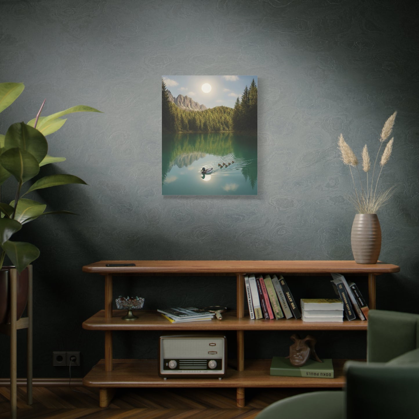 Family of Ducks Swimming in Turquoise Lake Canvas Wall art print