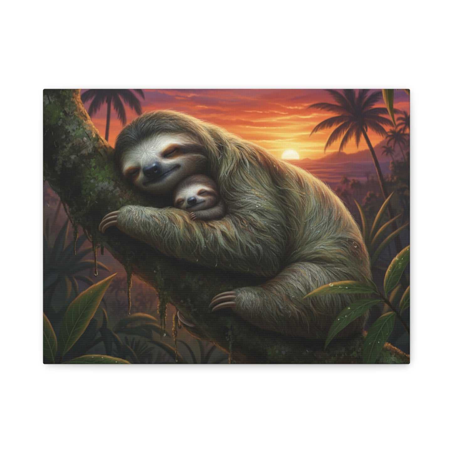 Sloth Mom & Baby Sunrise Canvas Wall Art — Stretched Matte Print