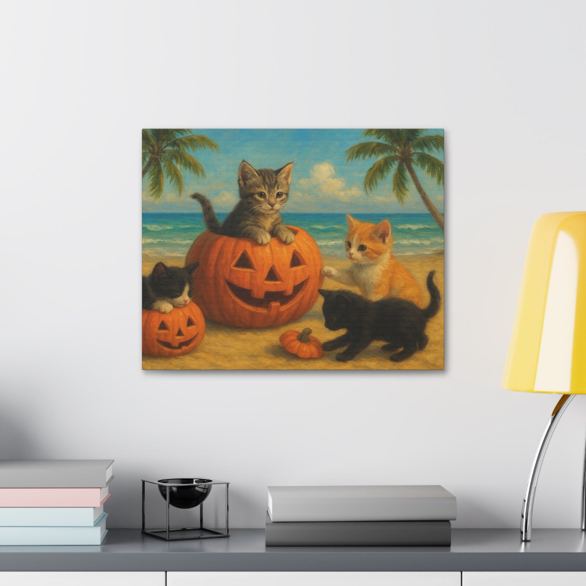 Canvas-Pumpkin Kittens wall art with playful kittens and pumpkins on a beach, perfect fall Halloween cat decor
