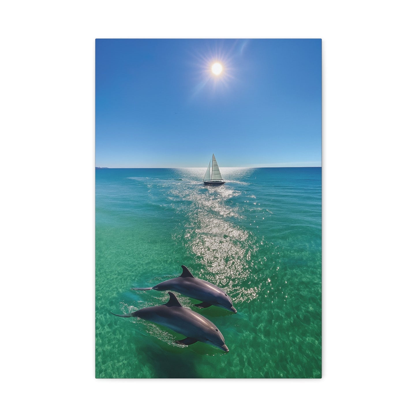 Wall art canvas print of sailboat and dolphins playing in the sun over clear ocean water