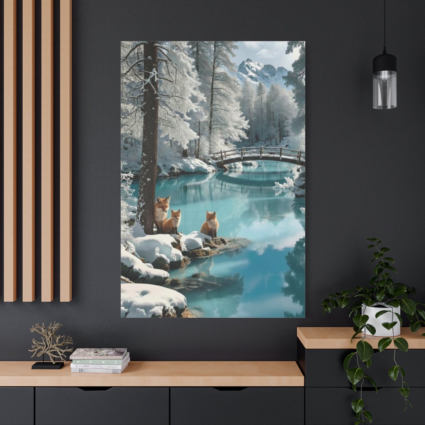 Canvas Wall Art featuring winter foxes by a snowy river with a wooden bridge in a serene winter landscape