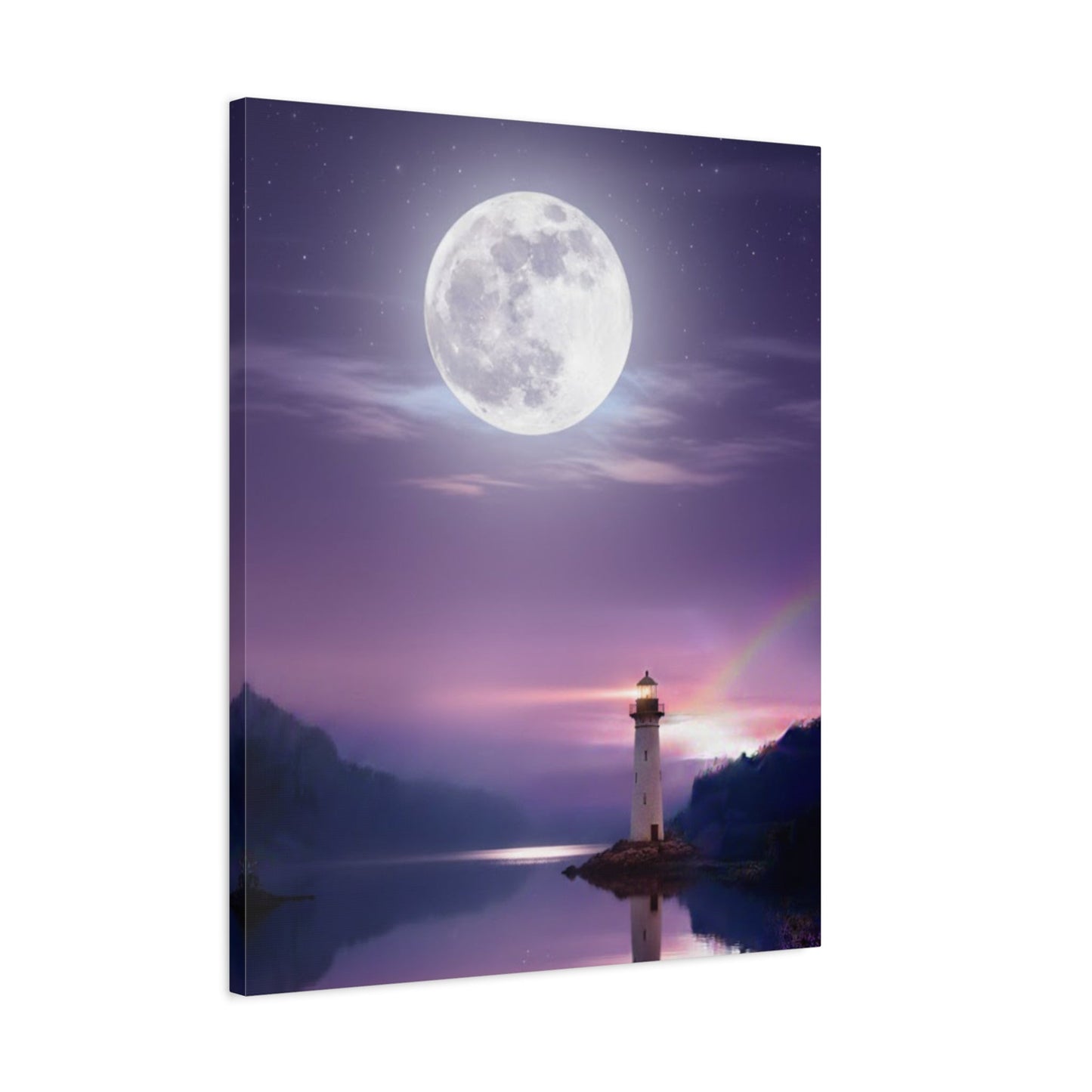 Canvas wall art showing lighthouse under a full moon over a calm lake in violet and indigo tones