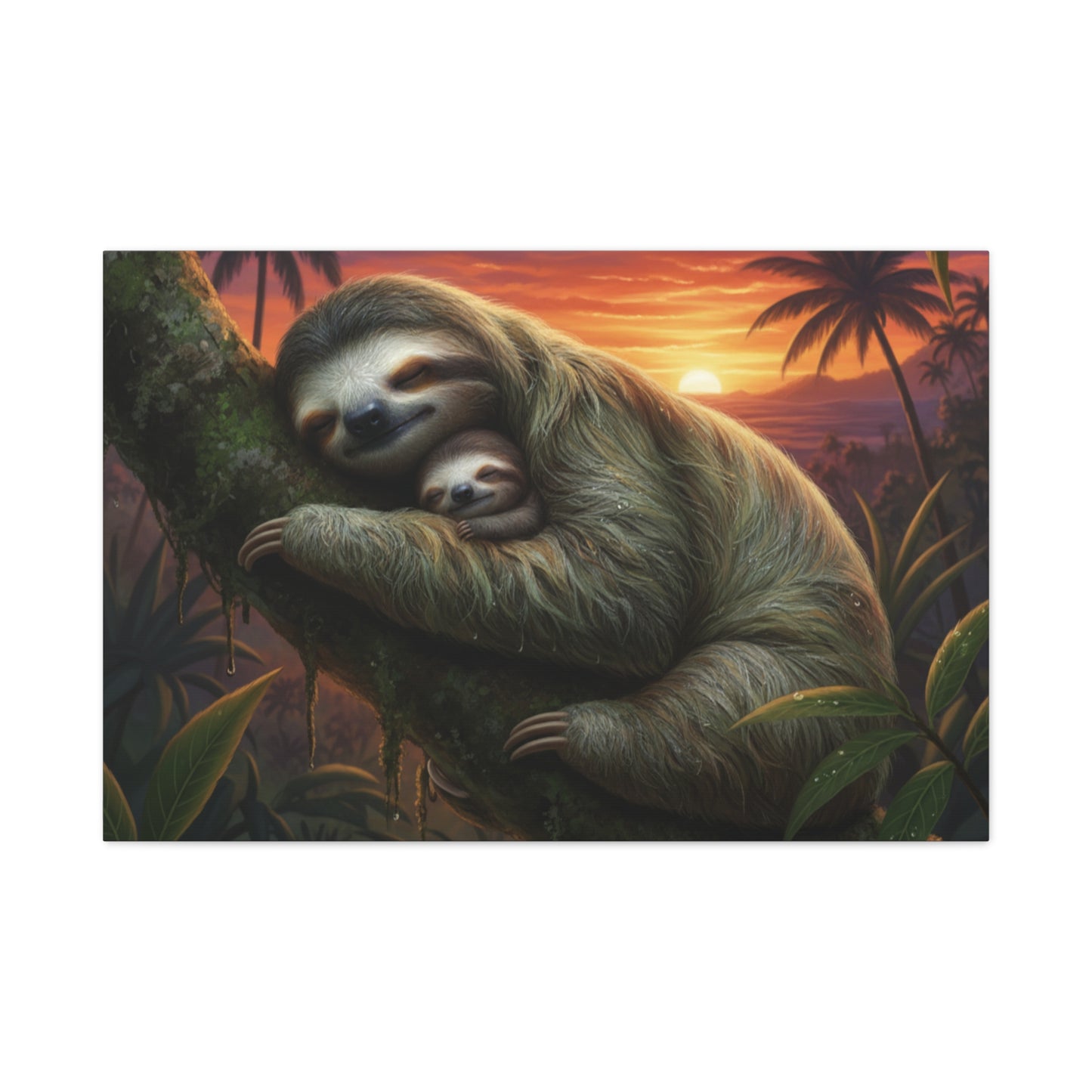Sloth Mom & Baby Sunrise Canvas Wall Art — Stretched Matte Print