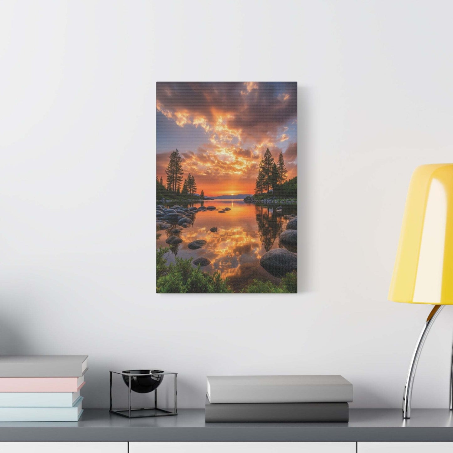 Canvas wall art featuring a vibrant sunrise through evergreen pine trees over a dewy green path with a matte finish