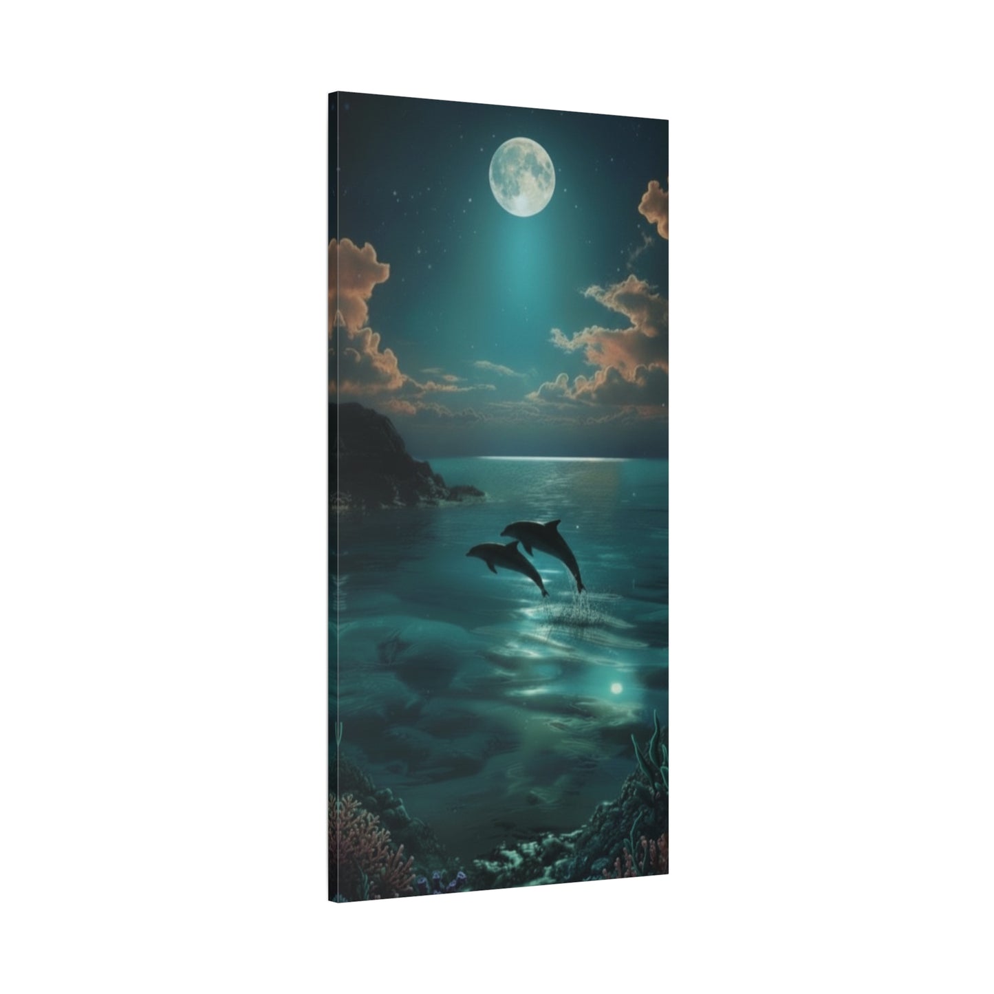 Dolphins in Turquoise Moonlit Ocean Canvas Wall Art