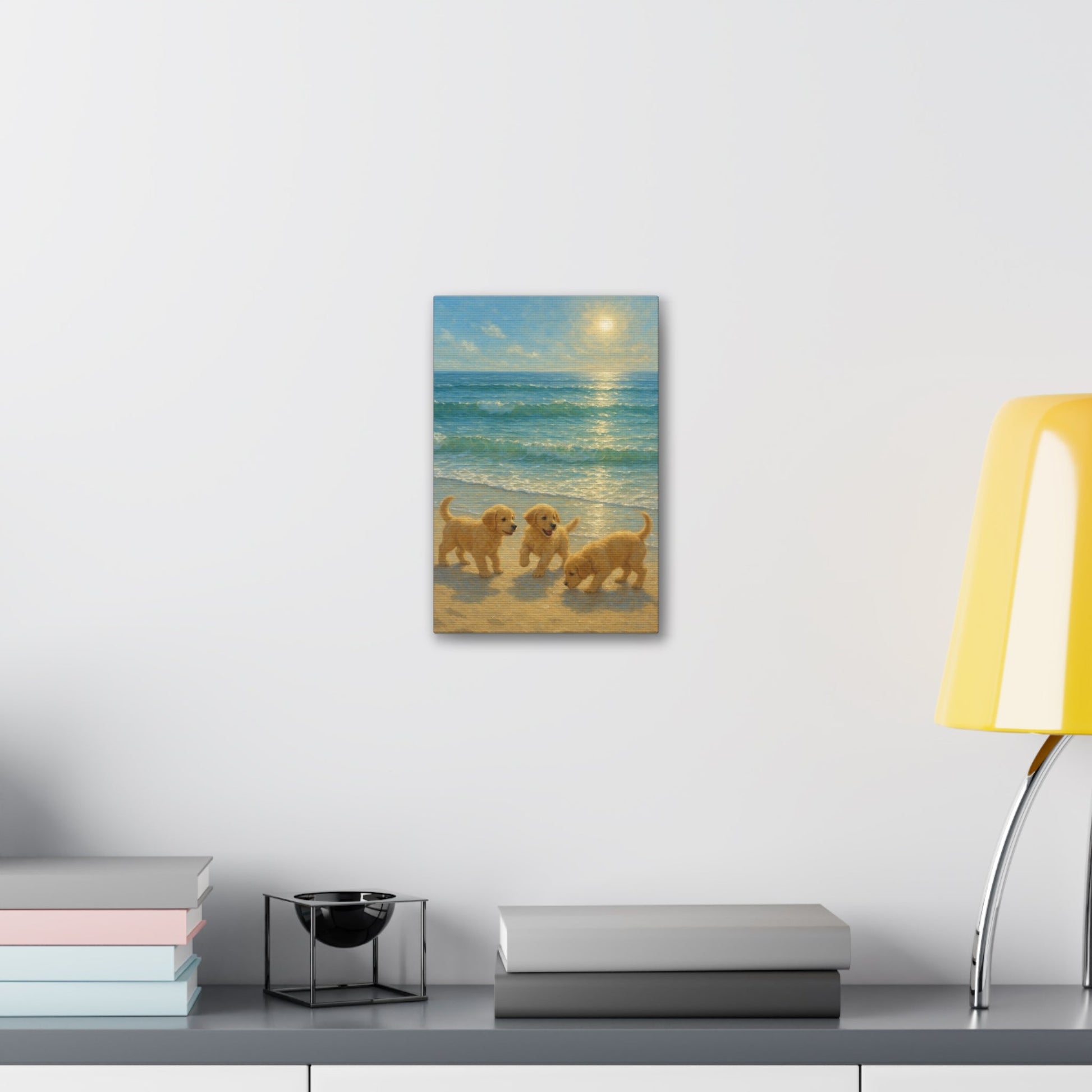 Abstract canvas art of three Golden Retriever puppies playfully exploring a sunlit beach with turquoise waves and golden sunlight reflection.