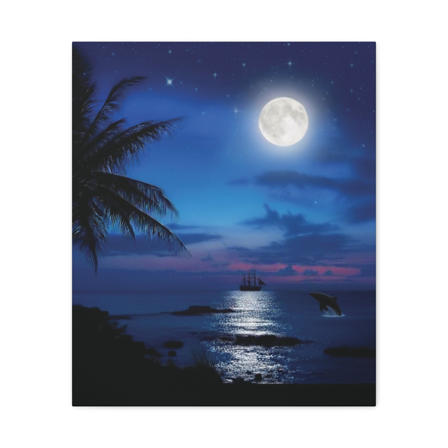 Blue Sky Moon lit Tropical Escape Canvas Wall Art