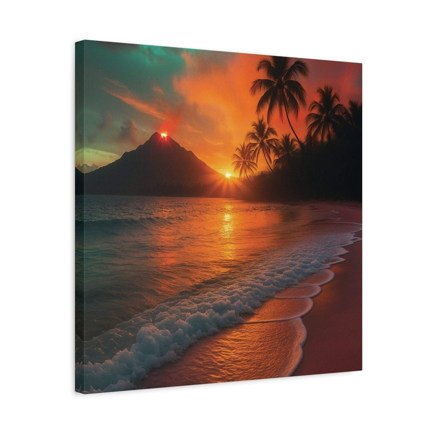 Canvas wall art of red lava flowing with sunrise over ocean and palm trees at beach