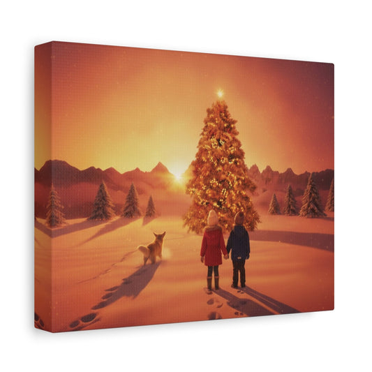 Canvas wall art of children and dog gazing at illuminated Christmas tree at sunrise in snowy field