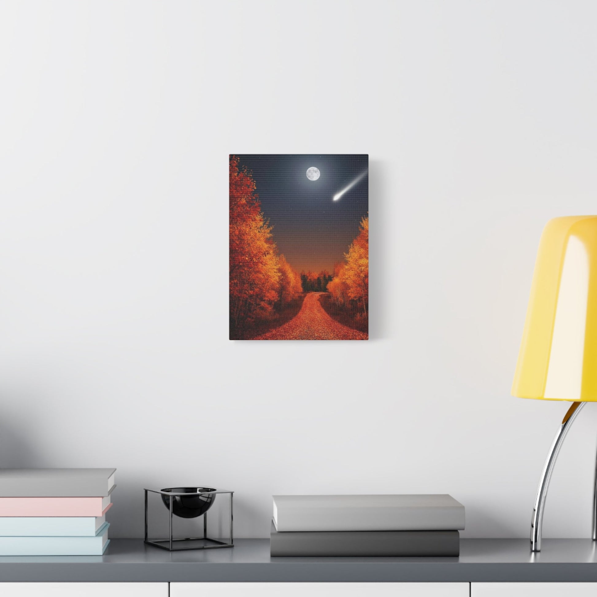 Canvas wall art depicting autumn forest road under a full moon with a shooting star, vibrant fall colors.