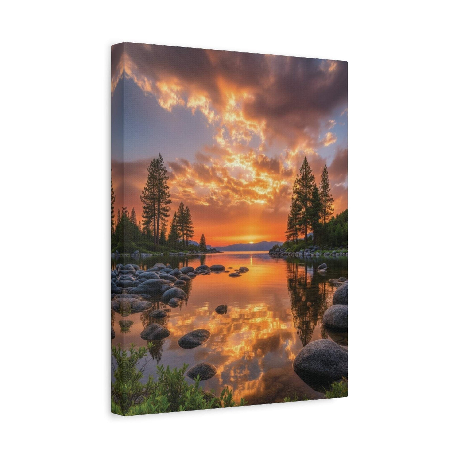 Canvas wall art of vibrant sunrise over evergreen pine path with reflective water and glowing sky