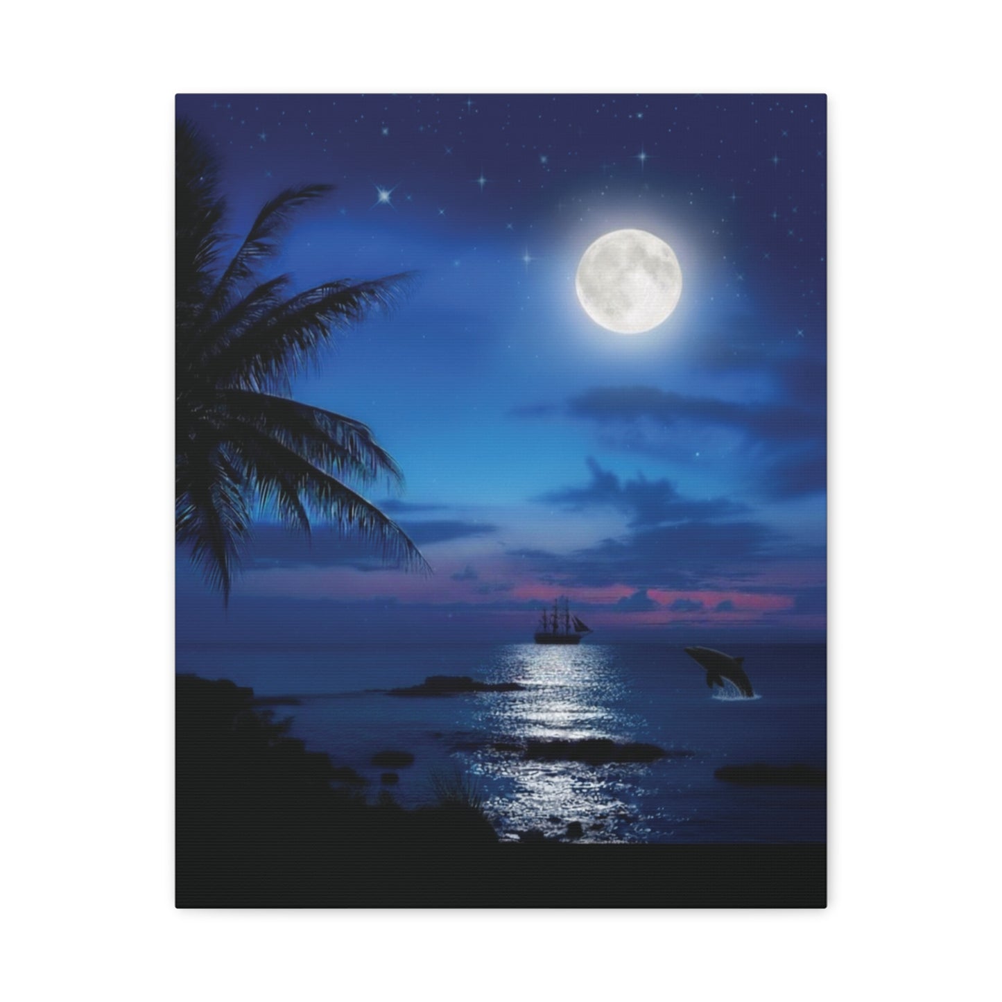 Blue Sky Moon lit Tropical Escape Canvas Wall Art
