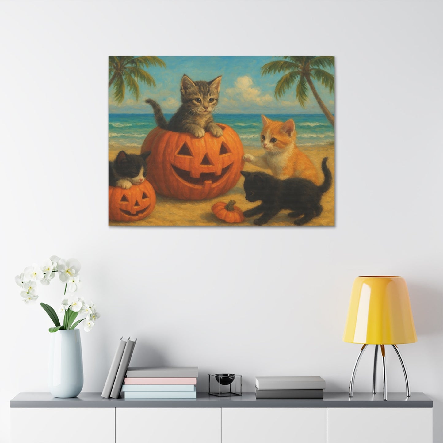 Canvas-Pumpkin Kittens wall art showing playful kittens with pumpkins on a beach, perfect fall and Halloween decor for cozy living rooms.
