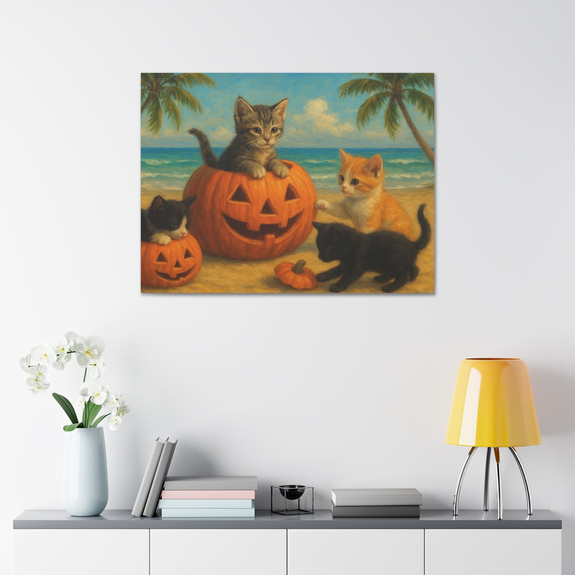 Canvas-Pumpkin Kittens wall art showing playful kittens with pumpkins on a beach, perfect fall and Halloween decor for cozy living rooms.
